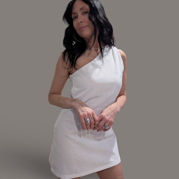 White Linen One Shoulder Mini Dress - Small - Picture 3 of 10